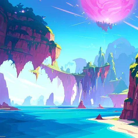 award winning photo, ((masterpiece,best quality)), roger dean, roger dean art, surreal, absurdres, Vivid_Setting, no humans, scenery, cinematic composition, landspace drawing, environment, background illustration, fantasy, colorful Anime game world, MMORPG...