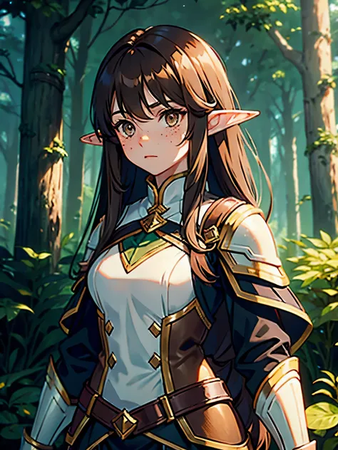 Elf girl, long brown hair, freckles, white eyes, brown armor clothes, in a forest 