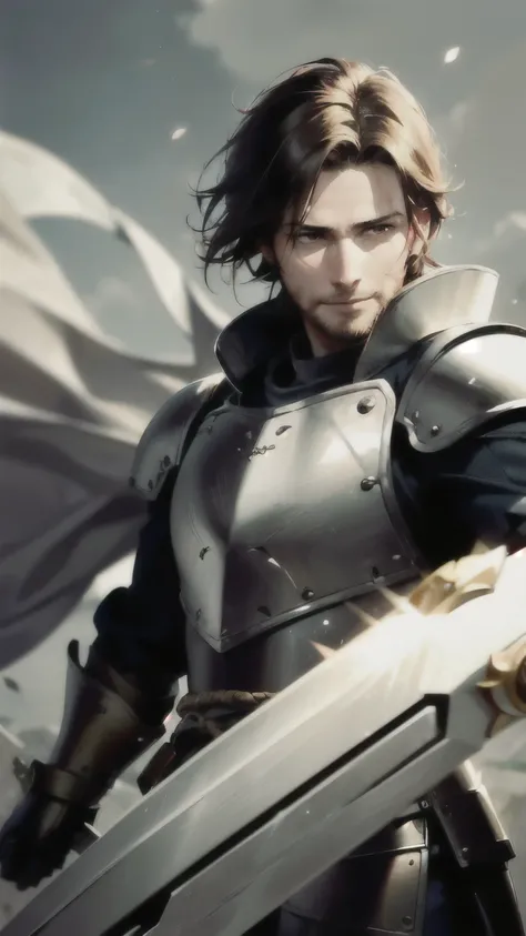 (best quality,realistic:1.37),A 32-year-old man in white armor with brown short hair, combed upwards, red eyes, a sardonic smile, a mocking facial expression, confidence, wielding a two-handed sword, medieval, anime style