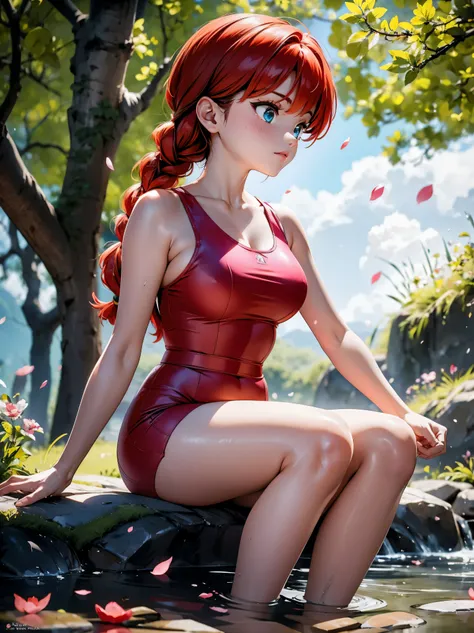 imagine ranma-chan em um momento de calma em meio a um campo de cerejeiras em flor. she is in her female form, com seus longos c...