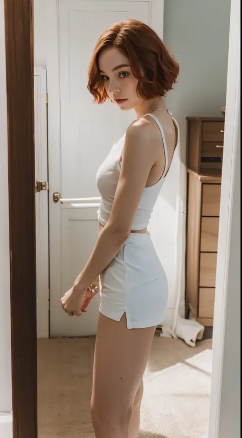 emma myers, lighter red short wavy hair, white basic tank top, white basic short pants, look in the mirror perspective, clean bo...