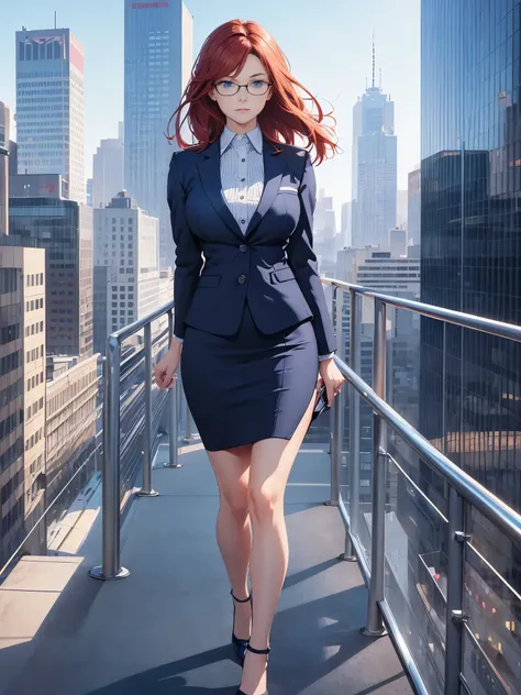 1girl, medium breasts, bare legs, shoes, shoes, city backdrop, solo, single, standing, full body shot, cowboy shot, beautiful detailed eyes, blue eyes, mature lady, glasses, office lady, blue suit, blue pencil skirt, miniskirt, red hair, medium hair