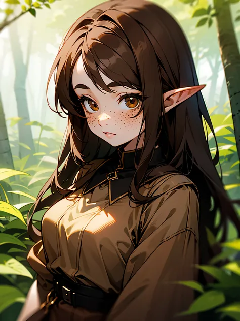 Elf girl, long brown hair, brown eyes, freckles, brown clothes, in a forest