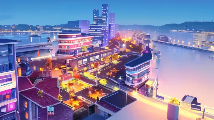 modern city. Colorful houses,Low building, wallpaper, 4k highly detailed digital art, amazing wallpapers, Overlooking the game CG two-dimensional style anime style game layout