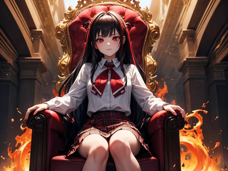 NSFW((Masterpiece)), (((Best Quality))), ((Extremely detailed)), ([(A highly detailed photo of a girl sitting on a throne made of bones in a fiery infernal background.)]), ((A gorgeous and extremely detailed image of a girl with long black hair that has re...