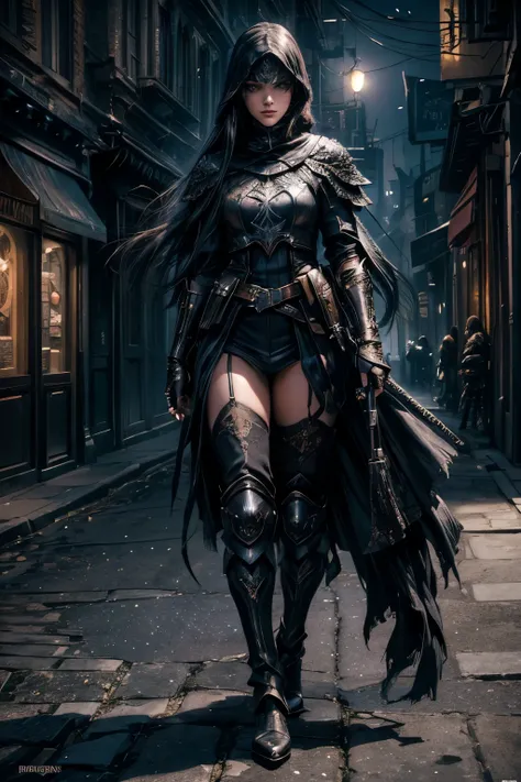 (fallen assassin girl beautiful woman:1.1,detailed eyes,detailed face,full body:1.1,space background is dark old street),dressed in old armor, animal around, (best quality:1.2,ultra-detailed:1.1,realistic:1.37),urban decay style,shadows,hidden identity,sha...