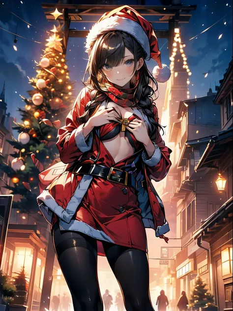 (image bulletin board:1.3), ((Santa Girl:1.3)), Mature woman with long black hair and red outfit, red winter coat with boa, scarf, tight long boots, red and green winter clothing, Holding a present box wrapped with a ribbon, Christmas tree decorated with m...