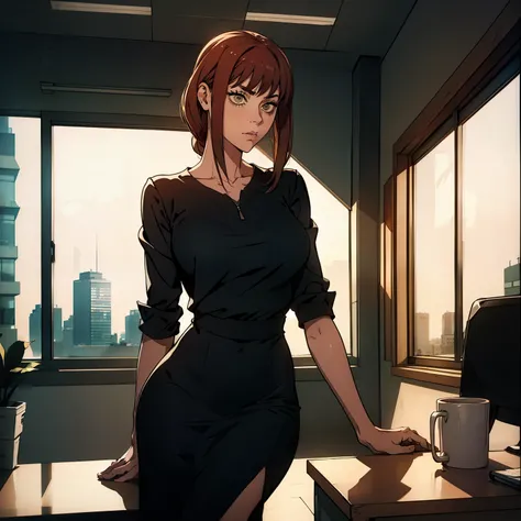 tall woman sitting at an office desk, vestido preto, serious look