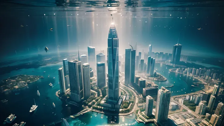 underwater cities, An awe-inspiring aerial view of bustling underwater cities teeming with life and activity. The image captures the vibrant energy of underwater urban centers, with sleek skyscrapers towering above bustling streets filled with aquatic vehi...