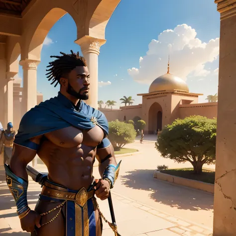 Created a landscape with a handsome 25 year old African warrior man,muscle, Determined air, which advances towards a beautiful African city,a beautiful palace with modern style dwellings inspired by the architecture of the djenné mosque in Mali and the nia...