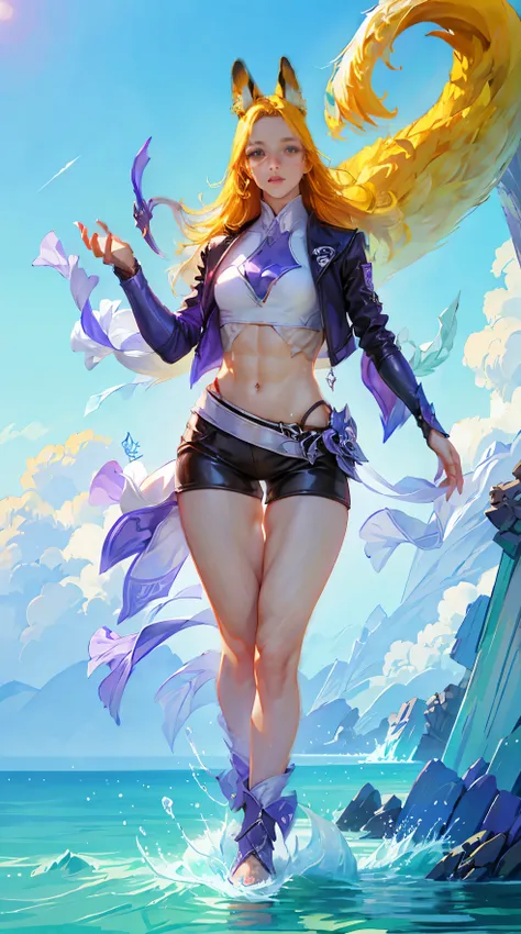 Figura de reloj de arena, xxxmix_chica, llenobody, lleno body, a woman takes a fisheye on a mountain in the morning,  The wind blows through her long, messy blonde hair.. The sea stretches behind her,  creating a stunning aesthetic and atmosphere with a ra...