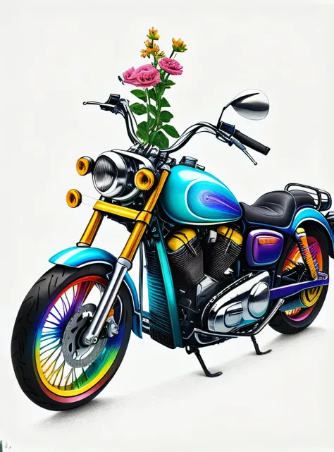 Motocicleta e flores RainbowPencilRockAI