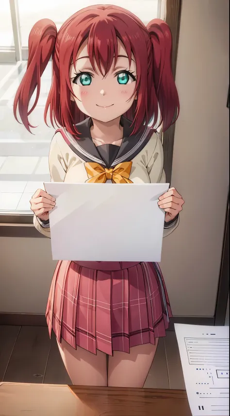 Ruby kurosawa, aqua eyes, medium hair, red hair, two side up, twintails, smile, 