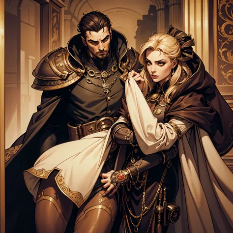 a man, a count with extravagant clothing and a large cape, (science fiction), (steampunk), cape, renaissance, wealthy, serious, somber color clothing, majestic, authority, middle aged, handsome, best quality, a masterpiece, cover art, highly detailed