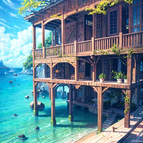 a large rustic wooden mansion with stone blocks on the beach