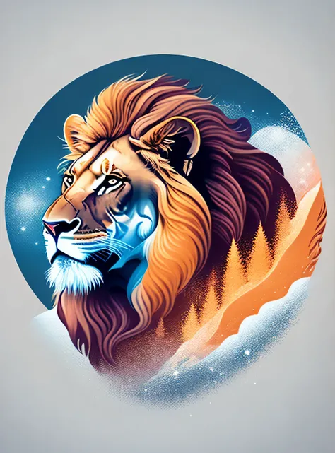 A lion with a mane in a winter landscape, Design de camiseta, rzminjornada, arte vetorial