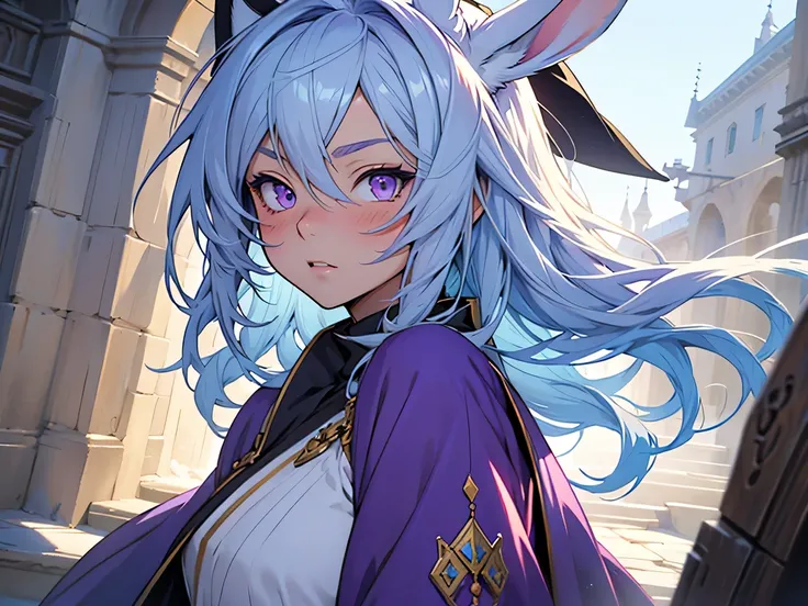 anime, masterpiece, best quality, by professional artist, female, solo, upper body portrait, detailed composition, detailed eyes, detailed hair, light blue hair, bright purple eyes, bunny ears, innocent, blush, young, magical robes, medieval fantasy art