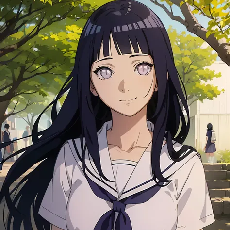 anime character, Hinata Hyuga, Japanese school uniform, photo shoot, portrait, smile expression, very perfect hands, realistic light and shadow, natural, very perfect, very detailed 