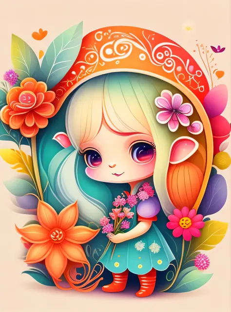 the colorida abstract of cute little fairy and elfs and flowers, (colorida,altamente detalhado,arte vetorial)