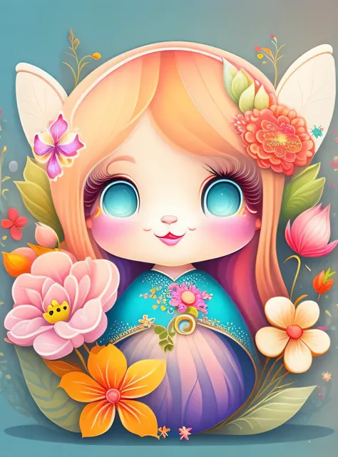 the colorida abstract of cute little fairy and elfs and flowers, (colorida,altamente detalhado,arte vetorial)