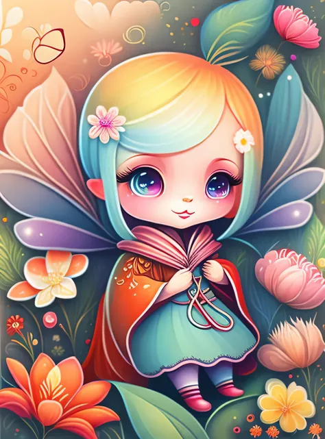 the colorida abstract of cute little fairy and elfs and flowers, (colorida,altamente detalhado,arte vetorial)