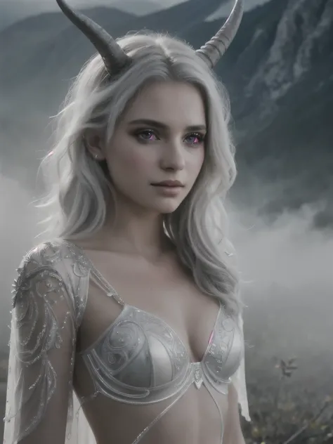 (Realistic:1.2), A beautiful woman with goat horns. Intricate dress with uncovered tummy made of gray tulle, silver glitter, small gray crystals and dried branches. Luis Royo style. Intense and captivating look, extremely sexy. Long, wavy, white hair. Moun...