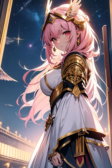 4K,High resolution,one woman,pink hair,long hair,red eyes,Valkyrie,white holy armor,heavy armor,hat with feathers,Jewelry Decoration,gold decoration,Holy sword,temple in the sky,night sky