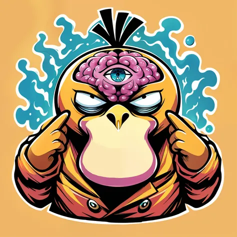 a cartoon duck with a brain on its head, duck concept portrait, mind character, vibrant cartoon art, mascot illustration, fantasy duck concept portrait, lowbrow art style, sentient bird, 3rd eye, scientist is a duck, psychedelic illustration, quackery, pop...