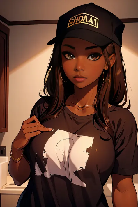 Dark skin young woman in an oversized fuzzy fitted shirt, clearly defined brown eyes