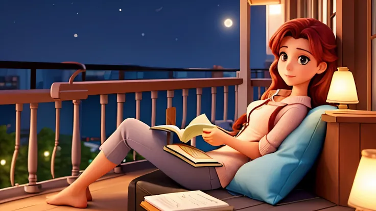 a woman reading a book on a comfortable balcony, durante a noite, com luzes penduradas no teto
