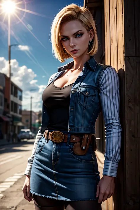 android 18, android 18, blonde hair, blue eyes, eyelash, hoop earrings, short hair, earrings, break belt, black legwear, black shirt, breast pocket, cleavage, clavicle, denim, denim skirt, high-waist skirt, jewelry, long sleeve, pocket, shirt, shirt tucked...