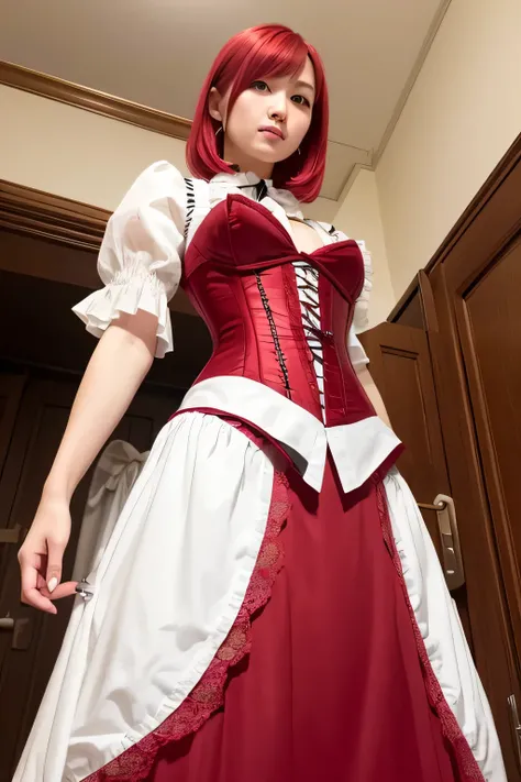 Wearing a corset、whole body、Photo taken from below、one beautiful maid、red hair long bob hair、indoor