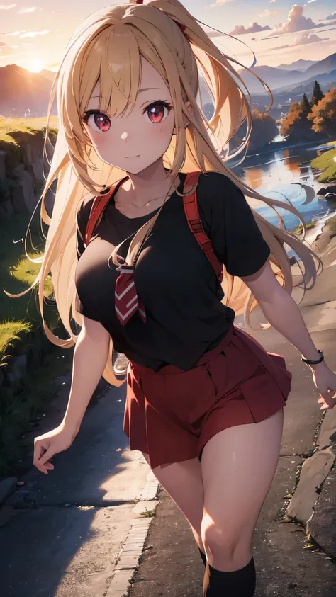 One anime style girl, long blonde hair, red eyes, mountain, sunset, walking, cloudy, 8k, masterpiece:1.2, ultrasharp, vivid colors, HDR, studio lighting, ultra-fine painting, physically-based rendering, extreme detail description.