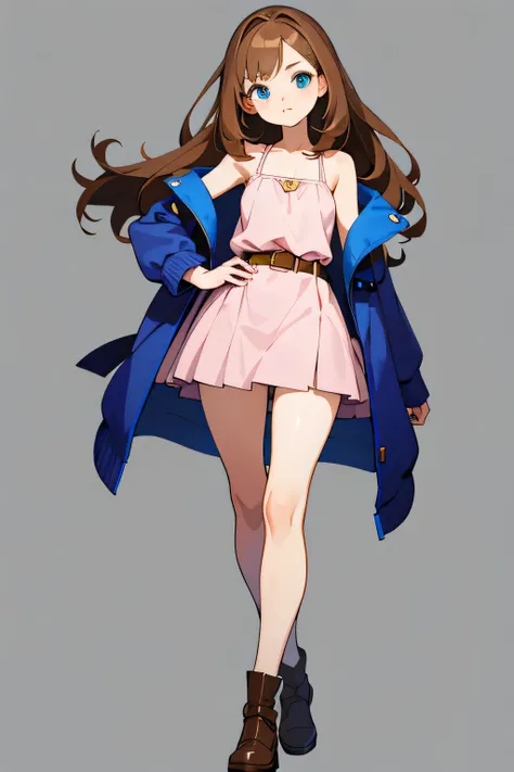 linda jovencita, with shoulder length brown hair, y ojos azules, wearing a cute girl&#39;s dress and a jacket that is not belted, Ella es de estatura promedio y algo delgada con curvas modestas., cuerpo completo, y muy detallado, Sin antecedentes