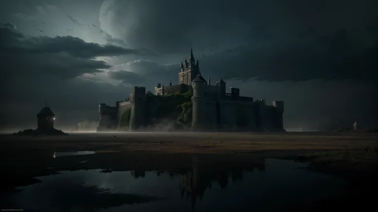 Castle on a night with cloudy sky and fog in place. There are puddles of water on the floor. cinematographic, 8k, realistic.