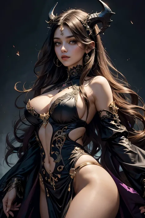 Beautiful painting of a seductive Succubus with a perfect, slender figure and large, voluptuous breasts. Her shapeless, luscious hair cascades down in disheveled waves, framing her small, delicate horns and perfectly symmetrical features. She wears an extr...