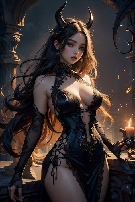 Beautiful painting of a seductive Succubus with a perfect, slender figure and large, voluptuous breasts. Her shapeless, luscious hair cascades down in disheveled waves, framing her small, delicate horns and perfectly symmetrical features. She wears an extr...