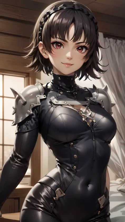 (((table top))), (persona５),(((makoto niijima:1.4))),とても美しいwoman, short hair, idol, 日本のwoman,(shaggy cut:1.4),(braided headband:...