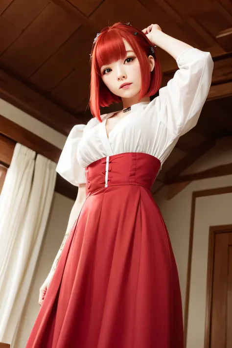 hair ornaments、wear a girdle、whole body、Photo taken from below、one beautiful maid、((red hair long bob hair))、indoor