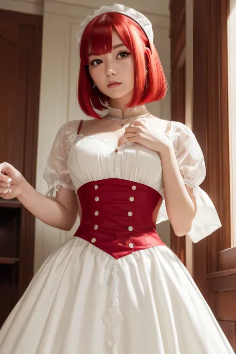 hair ornaments、wear a girdle、whole body、Photo taken from below、one beautiful maid、((red hair long bob hair))、indoor