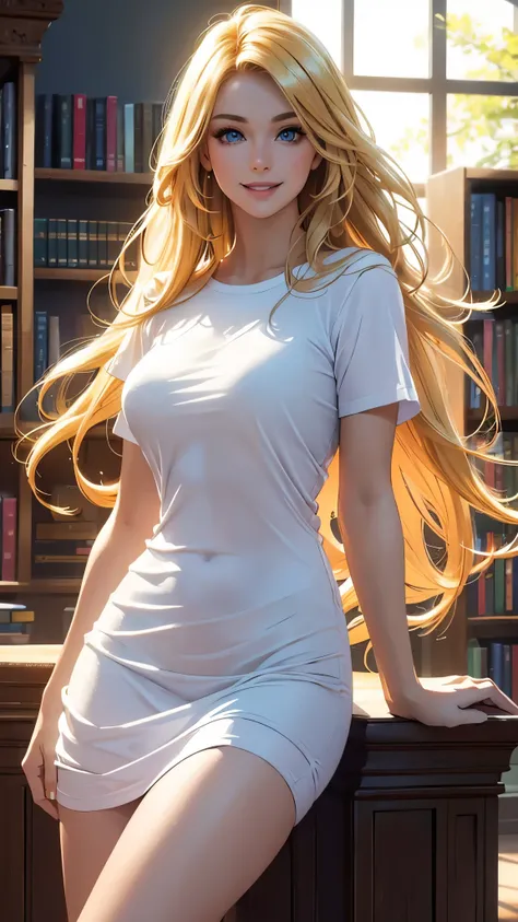 (best quality,ultra-detailed,photo-realistic:1.37),bright and vibrant colors,studio lighting,playful expression,stylish makeup,long blonde hair flowing in the wind,alluring eyes,glossy lips,sexy pose, T-shirts, library, smiling in a confident and seductive...