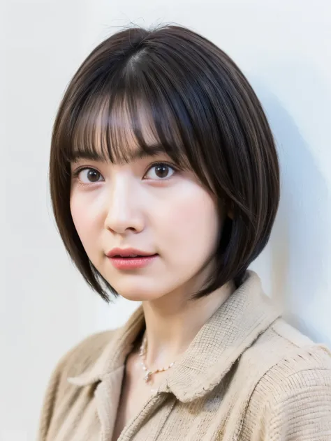 ((highest quality, 8K, masterpiece :1.3)), 1 girl, (bob hair、short hair,Taken in front of a white wall :1.2)、Shot in natural light、pastel cardigan :1.1, Angle from above、super detailed face, fine eyes,(Highly realistic photos, High resolution, detailed fac...