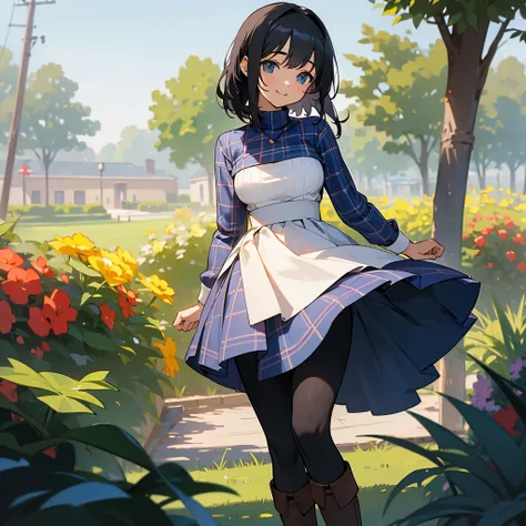 (high quality, High resolution, Super detailed, reality:1.37), peaceful atmosphere, (outdoor, garden), Teenage girl standing alone, (My breasts are big.), Beautiful detailed features, cute smile, (black bob hair), ribbed sweater, Blue plaid skirt, black ti...