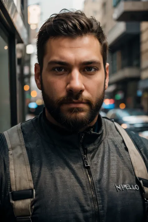 closeup portrait of a muscular bearded guy, in a worn and worn HEV suit, ((hello world)), metal intrigue [express agent, Sharp Focus, soft lighting, bright colors, work of art, ((Streets)), detailed face INFO
