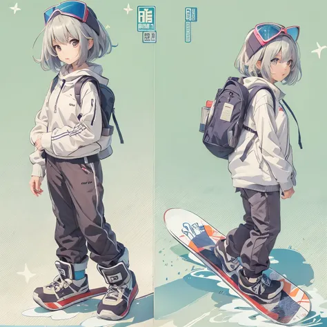 最高masterpiece、realistic anime images、masterpiece、full body portrait、simple background、1 female、short bob、（（summer school playground、put on a snowboard））