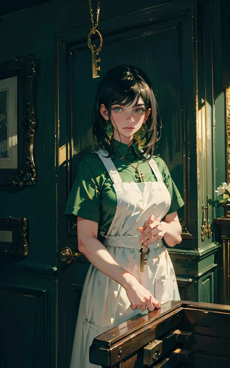 (Dua Lipa:Evangeline Lilly) waitress, ((white apron)), ((green shirt)), 1920 style, masterpiece, Lovecraft atmosphere, (pendant of a key), hyperdetailed, ((rule of thirds))