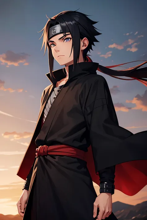 A 13 years old male character, in the art style of naruto, long black tied hair, a black cloak with red details