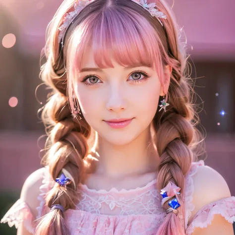 (best quality,4k,8k,highres,masterpiece:1.2),ultra-detailed,realistic,anime,portrait,girl,,,cute,expressive eyes,long eyelashes,soft smile,blush on cheeks,pink hair,twintails,flowing dress,frilly lace details,fantasy background,sparkles,colorful,pastel ton...