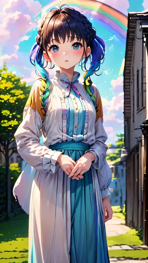 a girl standing on a cloud、１６talent、perfect anatomy、small face、small nose、plump lips、french braid、rainbow colored hair、small breasts、combat uniform、messy clothes、unreasonable、(((The background is pastel colored clouds:1.5、rainbow、blurred background)))、high...