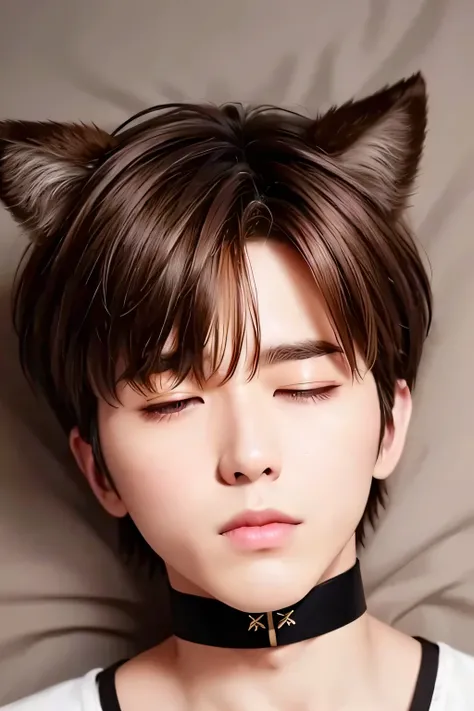 1 person、high quality，masterpiece，8K, (shot from above)、(Close-up of a headshot)、choker、dog ears、　sleep in bed、short brown hair